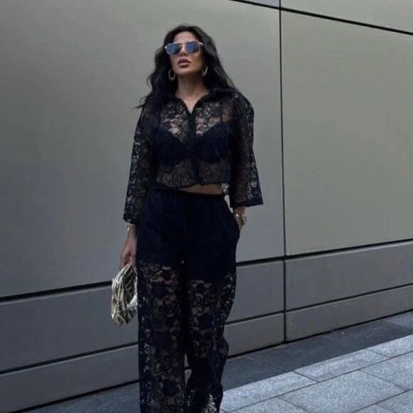 Zara Sheer Lace Black Crop Top Size XS - Picture 3 of 11